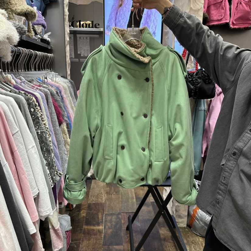 CLODE東大門代購26秋冬短款加絨麂皮外套短款棉服可調節雙排扣CLODE短款棉服