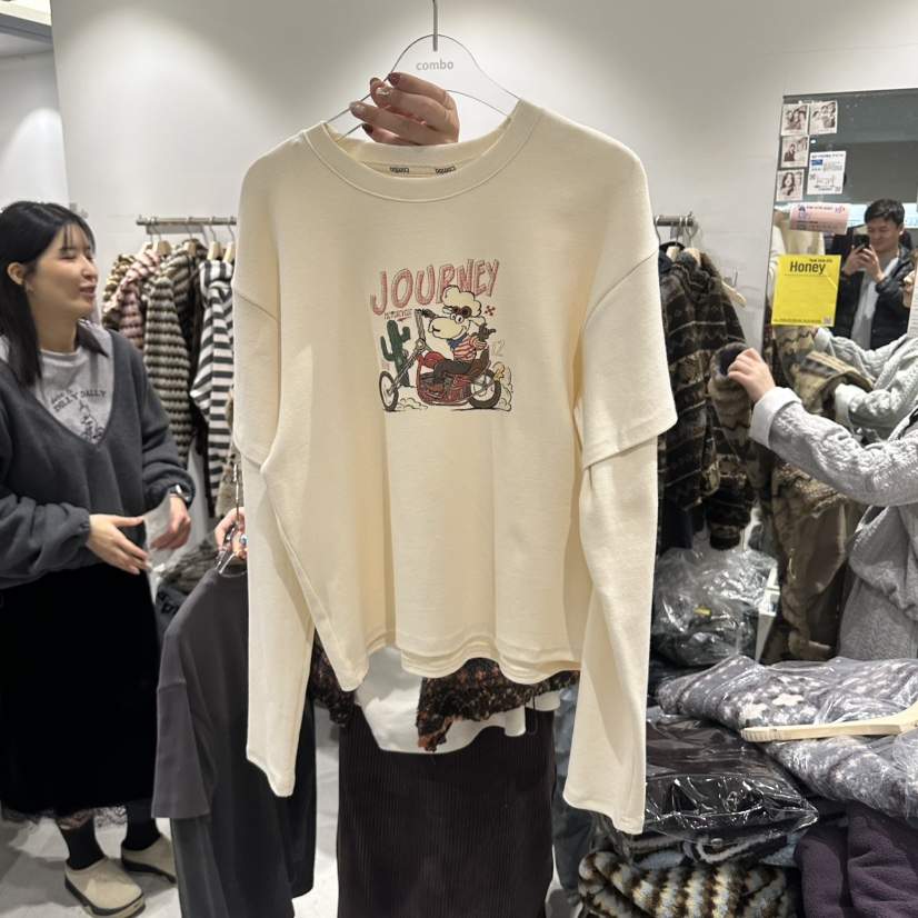 COM_BO東大門代購26秋冬假兩件摩托印花圓領衛衣假兩件圓領COM_BO衛衣