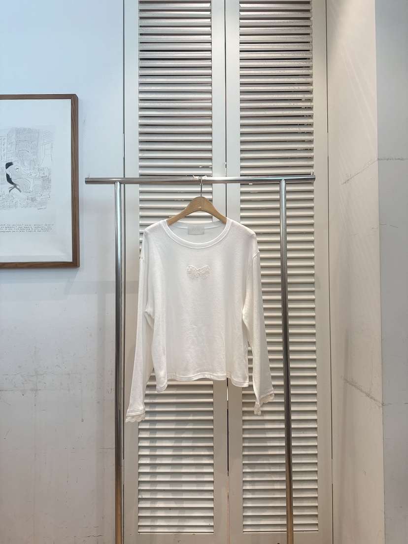 FAVE-L東大門直郵26秋冬蕾絲蝴蝶刺繡長袖T恤刺繡落肩蕾絲圓領FAVE-L長袖T恤