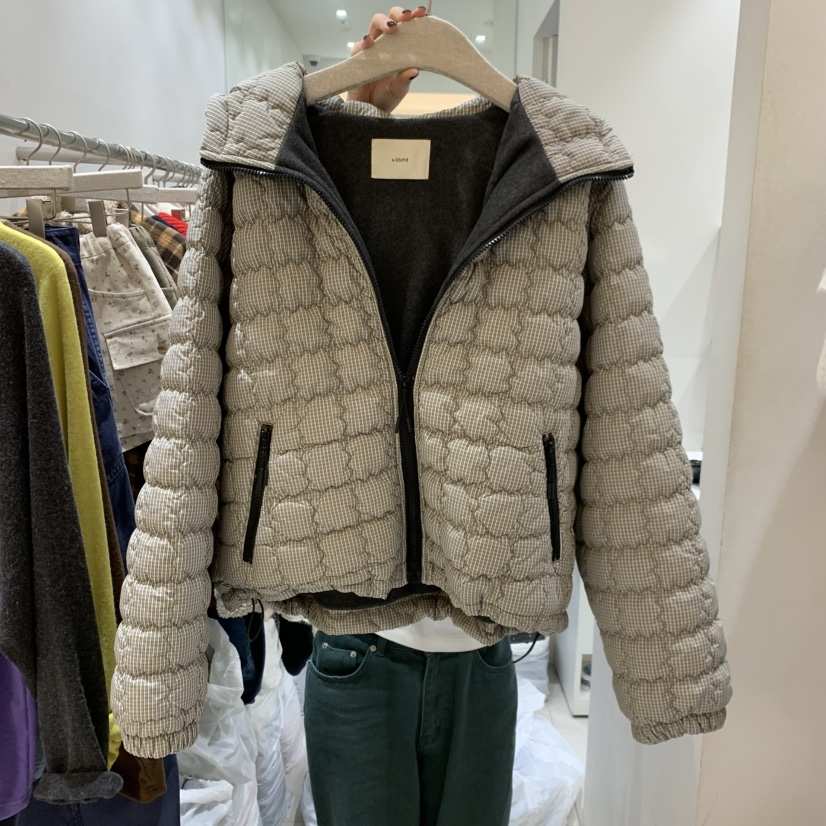 A.SOME東大門實拍26秋冬短款格紋絎縫棉服短款棉服羽絨服口袋A.SOME短款棉服