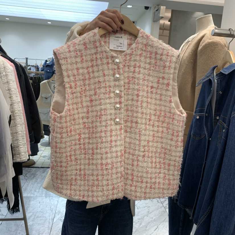 A STORE東大門直郵26秋冬小香風珍珠扣圓領馬甲珍珠圓領無袖A STORE馬甲