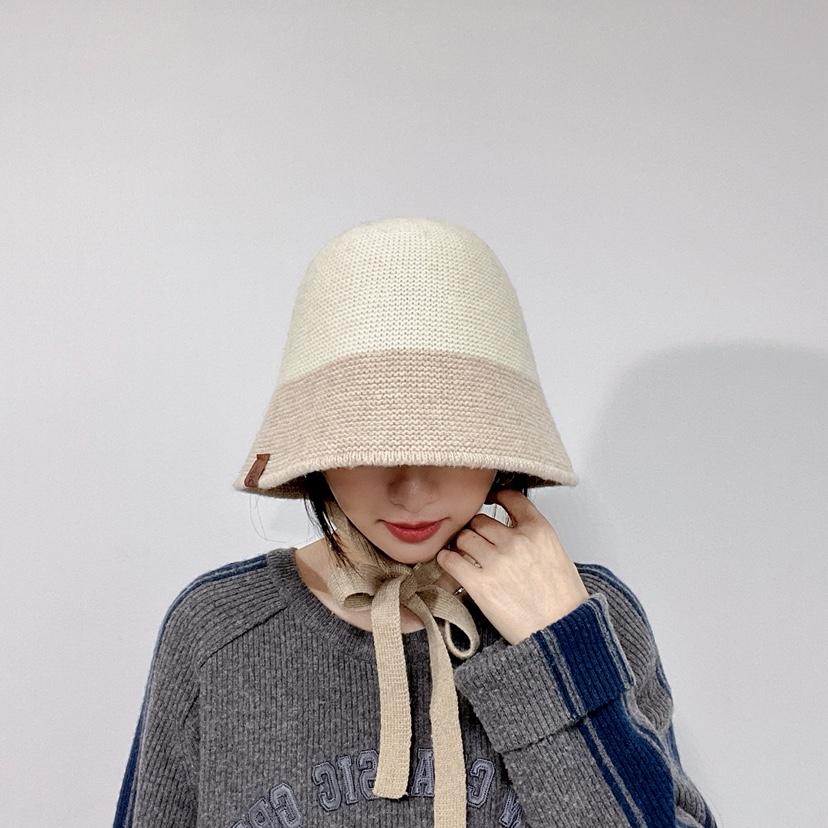 LOVELY HAT韓國代購26秋冬針織系帶拼色漁夫帽帽子系帶LOVELY HAT帽子