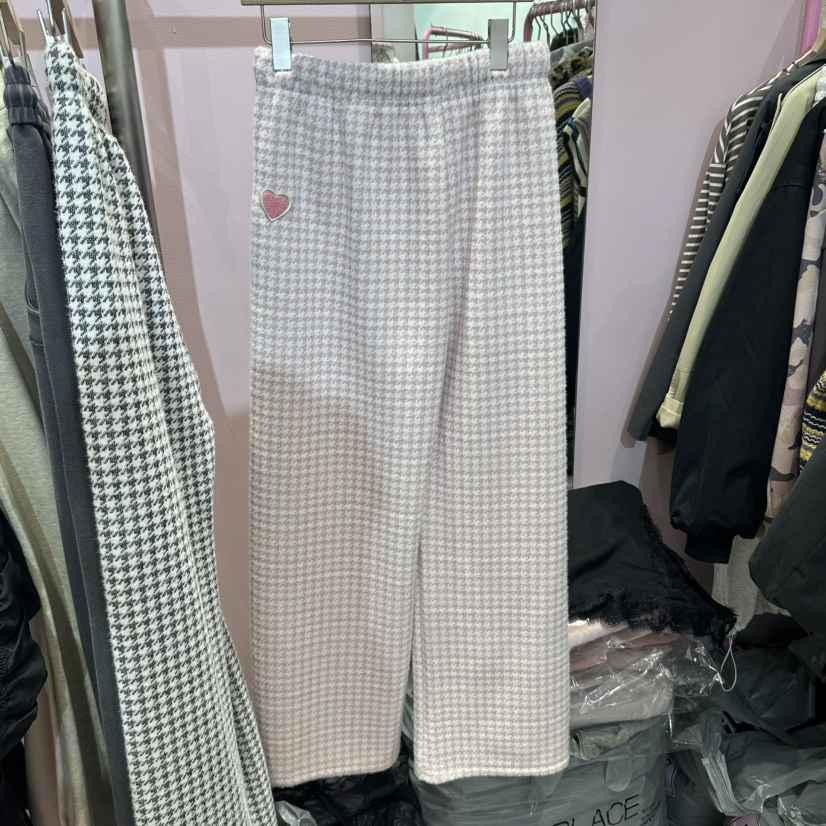 ANNA東大門代購26秋冬千鳥格愛心刺繡闊腿休閑褲闊腿褲刺繡直ANNA休閑褲