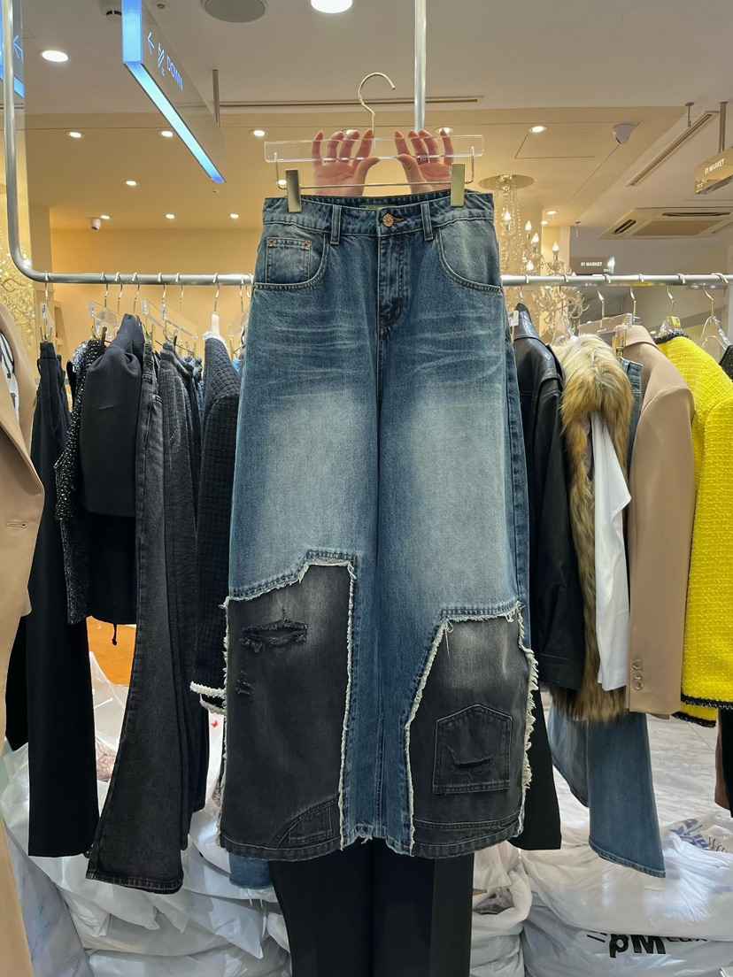 Work_shop韓國直郵26秋冬拼接闊腿復古牛仔褲破洞Work_shop牛仔褲