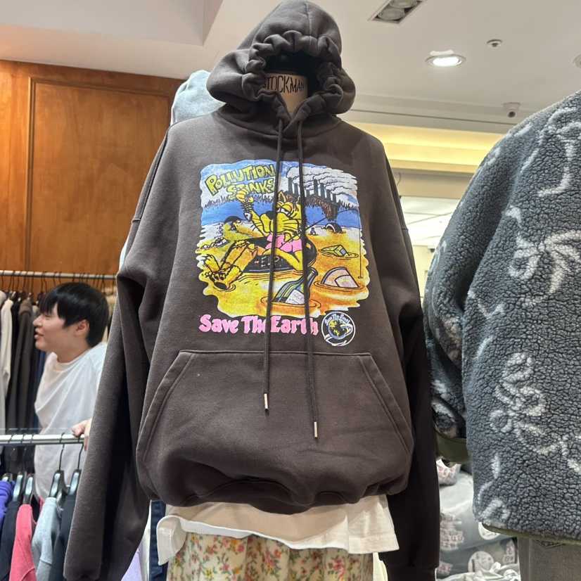 GARMENT韓國直郵26秋冬加絨連帽印花衛衣口袋加絨抽繩落肩寬松GARMENT衛衣