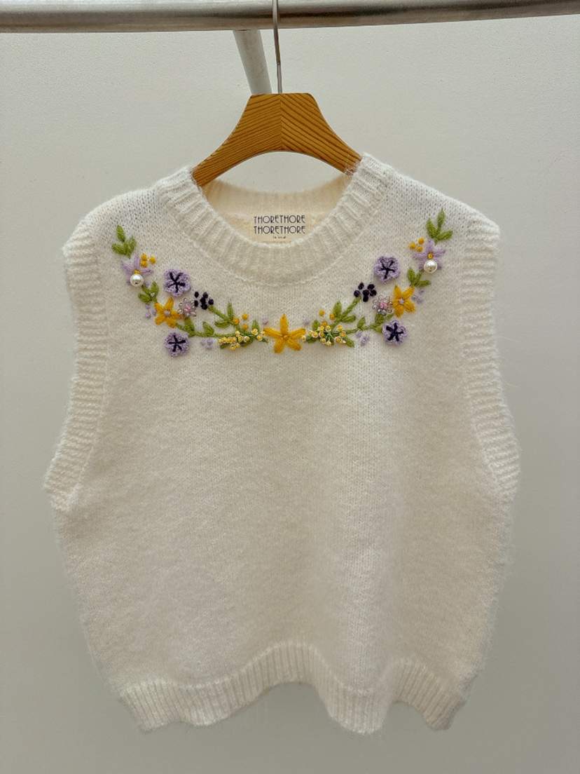 THORE東大門直郵26秋冬刺繡波浪擺針織背心吊帶刺繡圓領無袖THORE吊帶/背心
