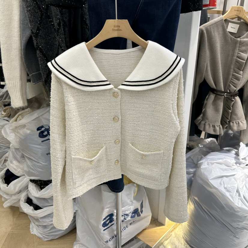 ABLESTUDIO韓國代購26秋冬海軍領小香風短款開衫口袋海軍ABLESTUDIO開衫