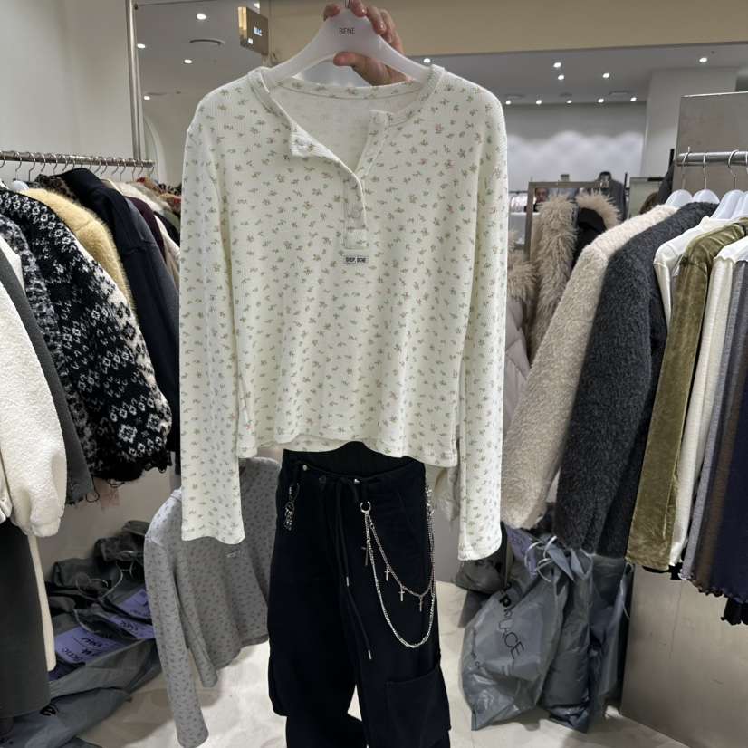 SHOP BENE_Bene韓國代購26秋冬碎花亨利領長袖T恤開襟SHOP BENE_Bene長袖T恤