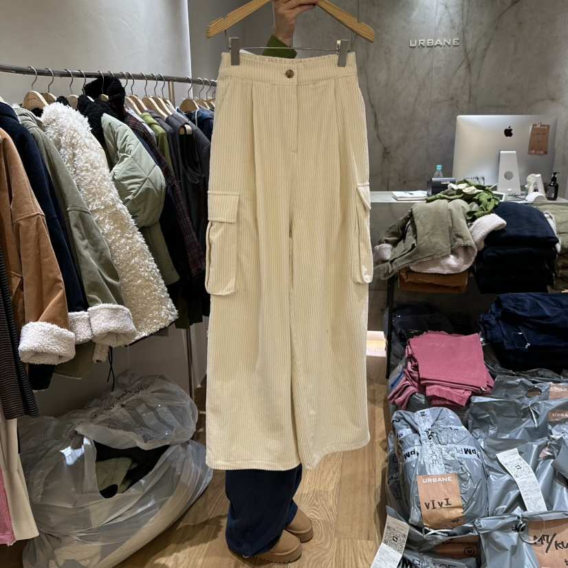 URBANE-P韓國直郵26秋冬燈芯絨工裝闊腿褲休閑褲燈心絨口袋工URBANE-P休閑褲