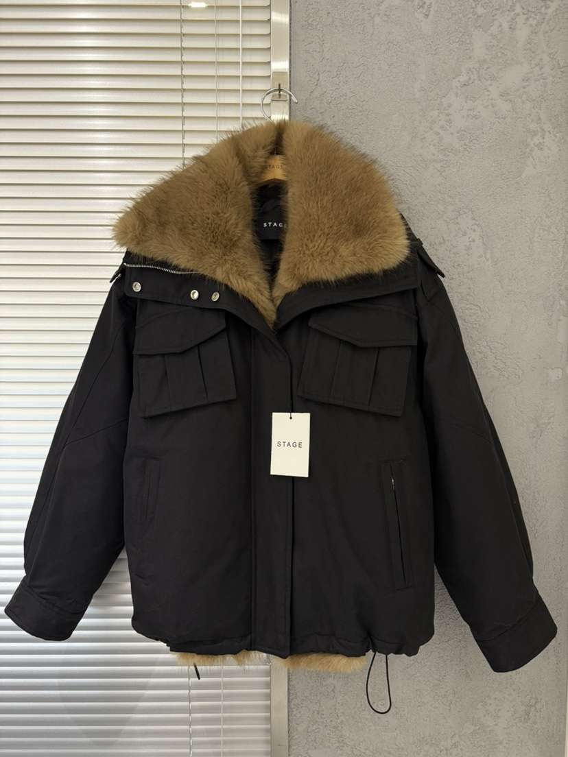 STAGE韓國直郵26秋冬寬松毛領工裝短款棉服抽繩寬松STAGE短款棉服