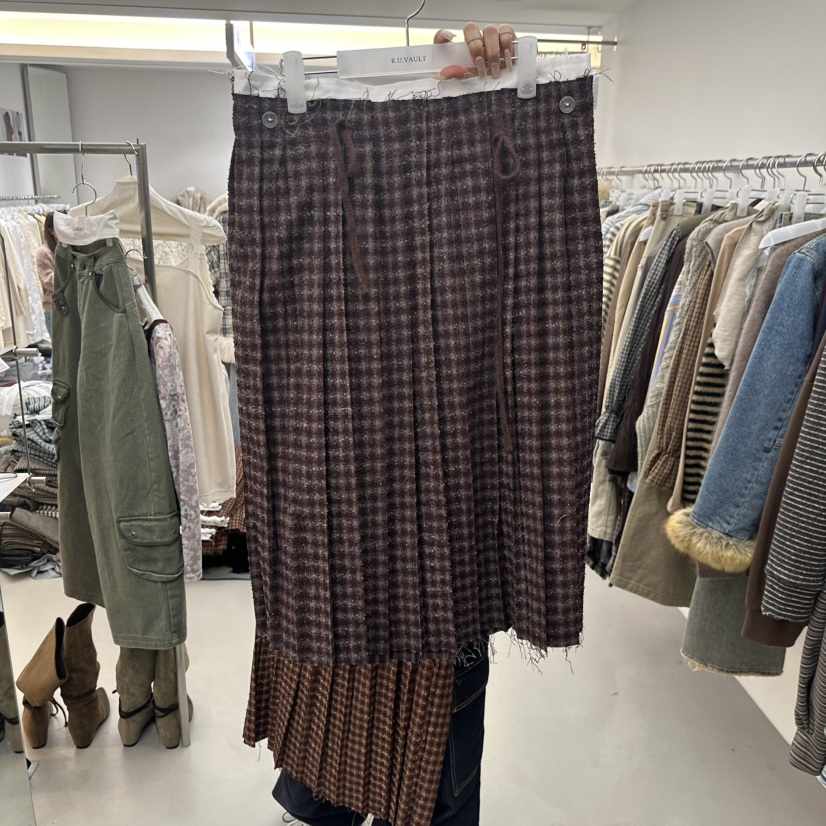 R U VAULT韓國直郵26秋冬壓褶格紋半裙半身裙中短裙粗花呢抽繩R U VAULT半身裙/中短裙