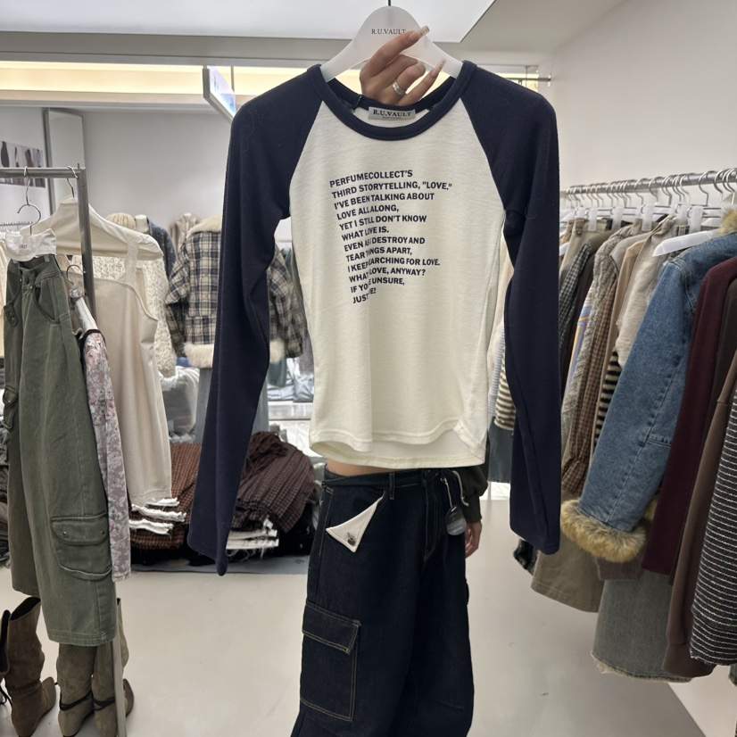R U VAULT東大門實拍26秋冬拼色插肩短款T恤長袖T恤插肩袖短款R U VAULT長袖T恤