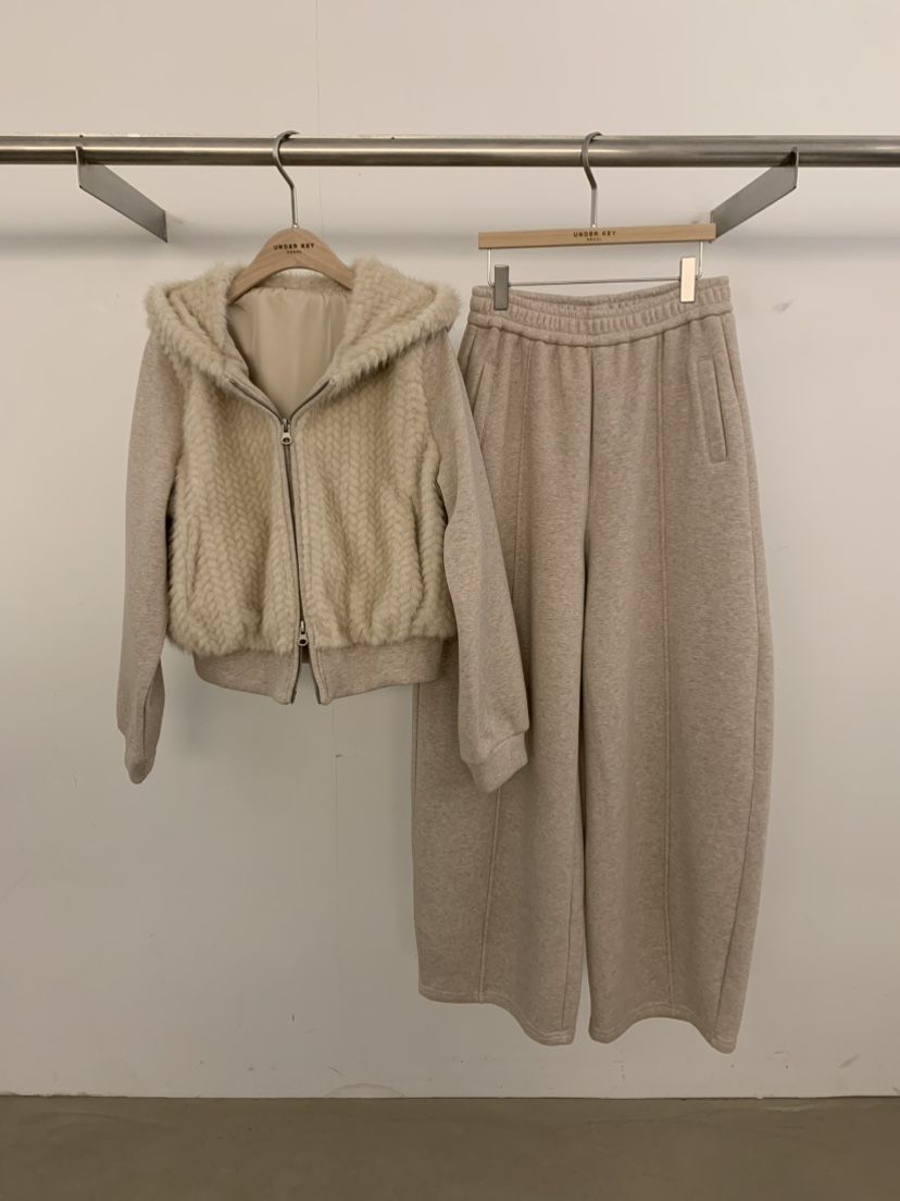 UNDER KEY韓國直郵26秋冬毛絨連帽套裝拉鏈開合連帽衫口袋毛絨UNDER KEY套裝
