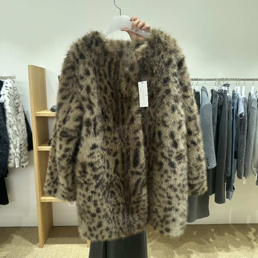 SHOP_WE ARE韓國直郵26秋冬豹紋仿皮草大衣中長款大衣V領皮草SHOP_WE ARE中長款大衣