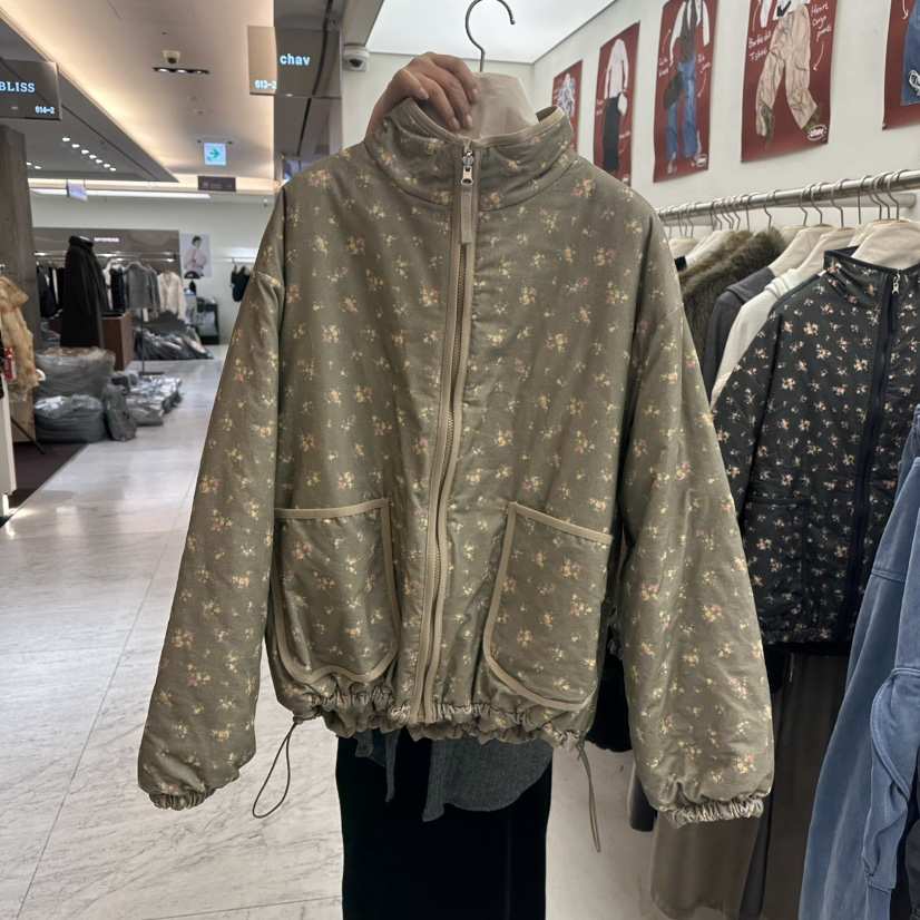 CHAV韓國直郵26秋冬碎花立領棉服短款棉服拉鏈開合棉服兩面穿CHAV短款棉服
