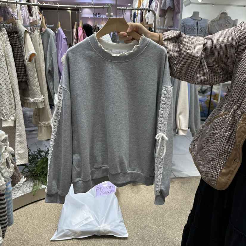 VIRUS韓國代購26秋冬蕾絲拼接系帶衛衣荷葉邊系帶落肩蕾絲圓領VIRUS衛衣