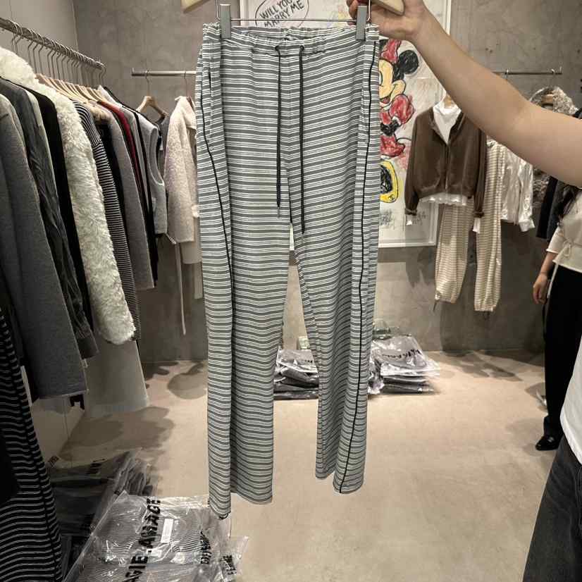 LAMAGIEPIE/LAMAGIE GREY韓國代購26秋冬條紋休閑褲直筒褲抽繩LAMAGIEPIE/LAMAGIE GREY休閑褲