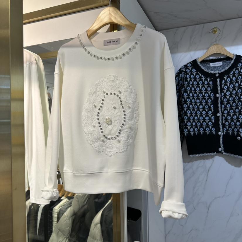 COCO HOLIC韓國代購26秋冬珍珠蕾絲圓領衛衣荷葉邊珍珠蕾絲圓COCO HOLIC衛衣