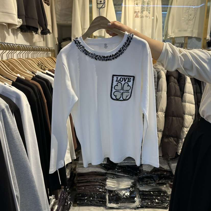 COCO HOLIC韓國代購26秋冬小香風刺繡長袖T恤刺繡珍珠圓領COCO HOLIC長袖T恤